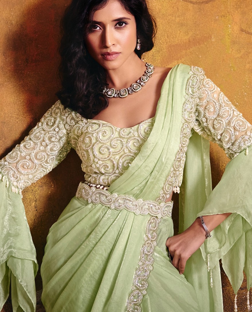 27117 - Pista Green Embroidered Wedding Party Designer Saree